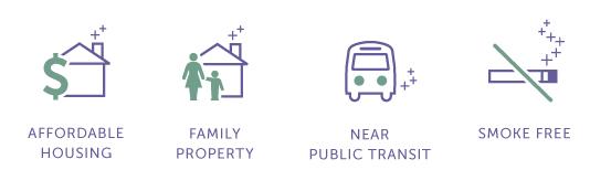 icons, affordable housing, family property, near public transit, smoke free