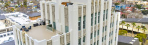 Aerial Exterior of Vintage tower building.